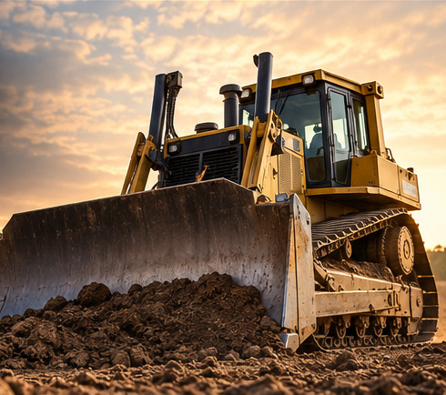 Illustrative image of a bulldozer pushing soil at sunset